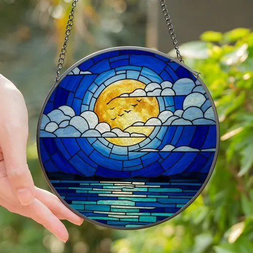 Art Lovers' Radiant Stained Glass Full Moon Mosaic Night Sky Teal Aqua Golden Yellow Stained Glass Suncatcher