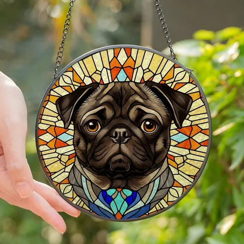 Pug Lovers' Vibrant Tiffany Stained Glass Black Pug Portrait with Jewel Tone Geometric Mosaic Halo Stained Glass Suncatcher