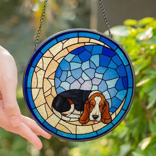 Basset Hound Lovers' Tiffany Stained Glass Sleeping Tri-Color Basset Hound Crescent Moon Mosaic Stained Glass Suncatcher