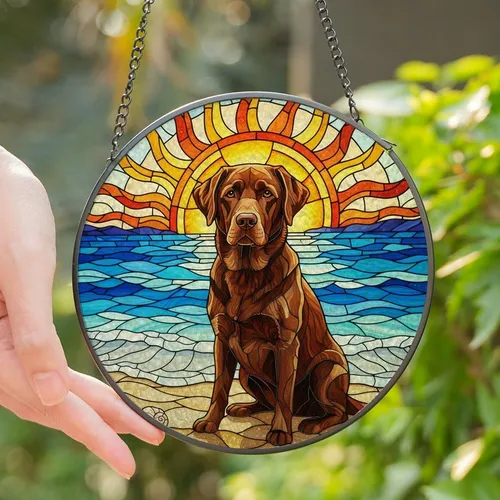 Labrador Lovers' Tiffany Style Stained Glass Chocolate Lab Beach Scene Radiant Sun Ocean Jewel Tone Art Stained Glass Suncatcher