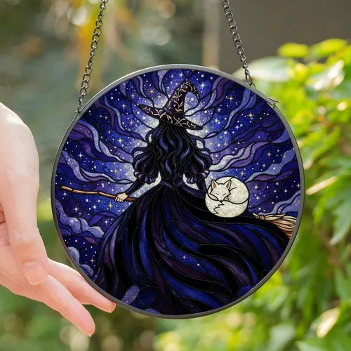 Fantasy Art Lovers' Tiffany Stained Glass Witch & Fox Mystical Night Sky Jewel Tone Design Stained Glass Suncatcher
