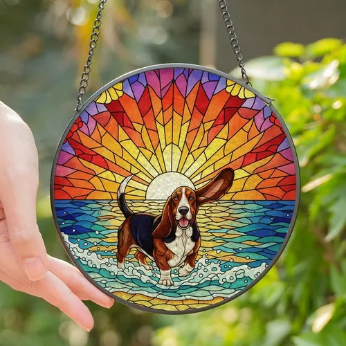 Basset Hound Lovers' Tiffany Art Stained Glass Tri-Color Basset Hound Ocean Sunset Floral Stained Glass Suncatcher