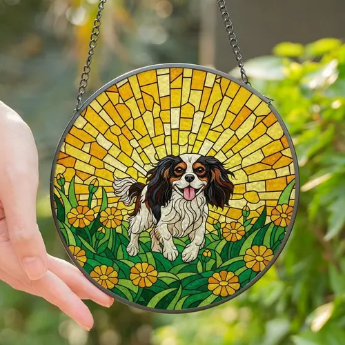 Cavalier King Charles Spaniel Lovers' Vibrant Tiffany Stained Glass Running Dog Marigold Geometric Mosaic Stained Glass Suncatcher