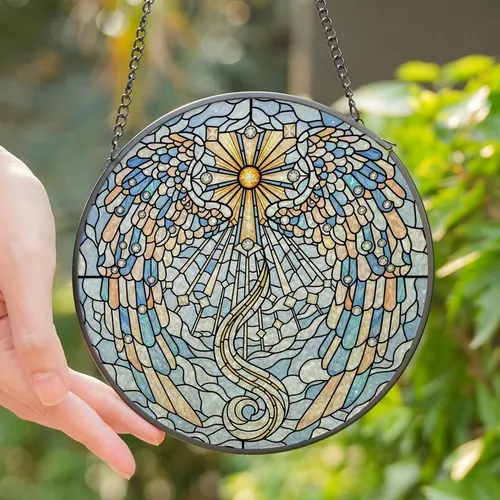 Elegant Style Lovers' Tiffany Stained Glass Angelic Winged Cross Sunburst Iridescent Pearl Sky Blue Peach Crystal Mosaic Stained Glass Suncatcher
