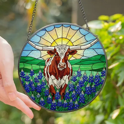 Texas Lovers' Tiffany Style Stained Glass Longhorn Bluebonnet Hills Intricate Jewel Tone Mosaic Stained Glass Suncatcher