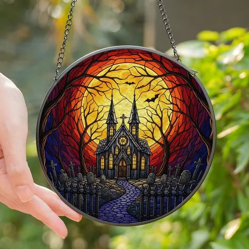 Gothic Art Lovers' Intricate Tiffany Stained Glass Gothic Crypt Full Moon Jewel Tones Stained Glass Suncatcher
