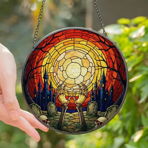 Gothic Art Fans' Jewel Tone Stained Glass Skeletal Hands Full Moon Castle Mosaic Stained Glass Suncatcher