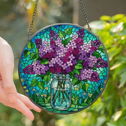 Art Lovers' Tiffany Inspired Lilac Stained Glass Bouquet Jewel Tone Floral Mosaic Stained Glass Suncatcher
