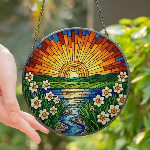 Nature Lovers' Tiffany Style Sun Daffodil Stream Jewel Tone Stained Glass Art Stained Glass Suncatcher