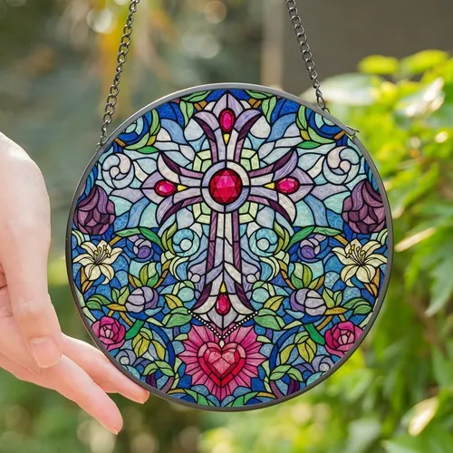 Faith-Inspired Tiffany Stained Glass Christian Cross Ruby Gem Fuchsia Heart Floral Mosaic Pattern Stained Glass Suncatcher