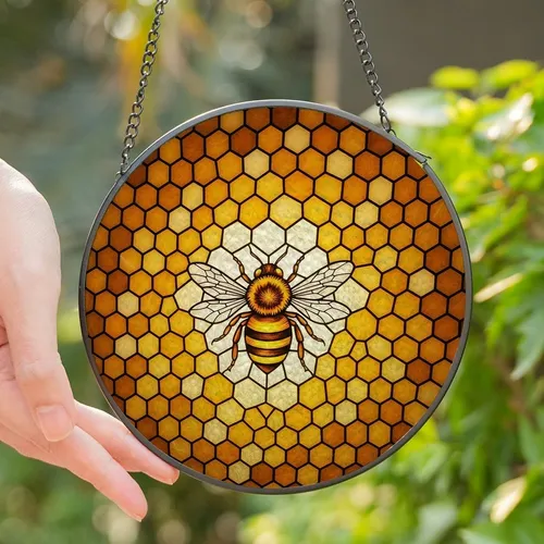 Nature Lovers' Vibrant Tiffany Stained Glass Honeybee Honeycomb Mosaic, Intricate Amber Yellow Black Jewel Tones Edge-to-Edge Stained Glass Suncatcher