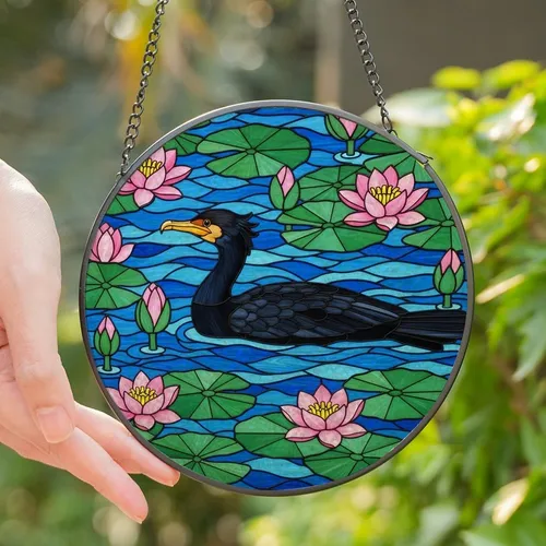 Nature Lovers' Intricate Tiffany Stained Glass Black Cormorant Pink Water Lilies Blue Water Mosaic Stained Glass Suncatcher