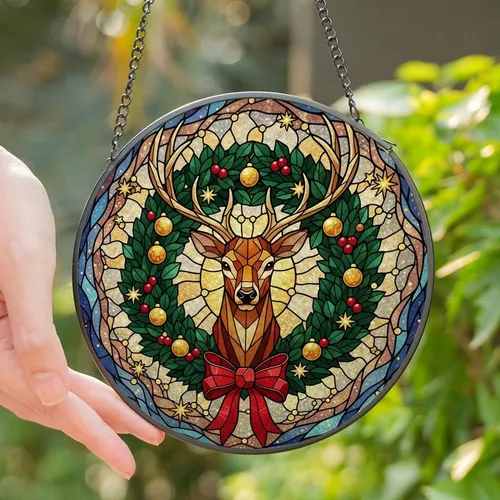Nature & Holiday Art Lovers' Golden Amber Stained Glass Deer Festive Christmas Wreath Mosaic Stained Glass Suncatcher