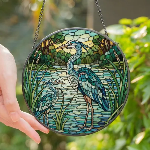 Nature Lovers' Intricate Stained Glass Heron Wetland Mosaic Teal Blue Jewel Tones Stained Glass Suncatcher