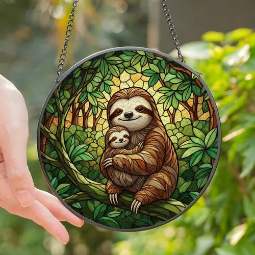Sloth Lovers' Vibrant Tiffany Stained Glass Mother Baby Sloth Tropical Rainforest Canopy Art in Jewel Tones Stained Glass Suncatcher