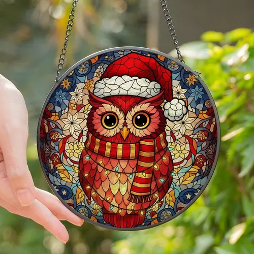 Festive Art Lovers' Tiffany Style Stained Glass Red Owl Santa Hat Glowing Lights Winter Mosaic Stained Glass Suncatcher