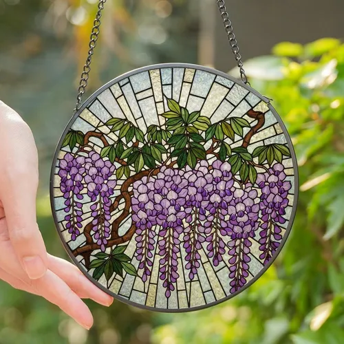 Nature Lovers' Intricate Tiffany Stained Glass Wisteria Bloom Mosaic Lavender Violet Green Jewel Tones Stained Glass Suncatcher