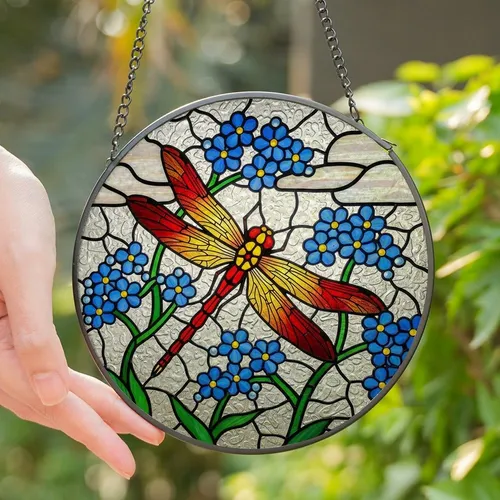 Nature Lovers' Intricate Jewel Tone Tiffany Style Red Dragonfly Blue Forget-Me-Nots Mosaic Stained Glass Suncatcher