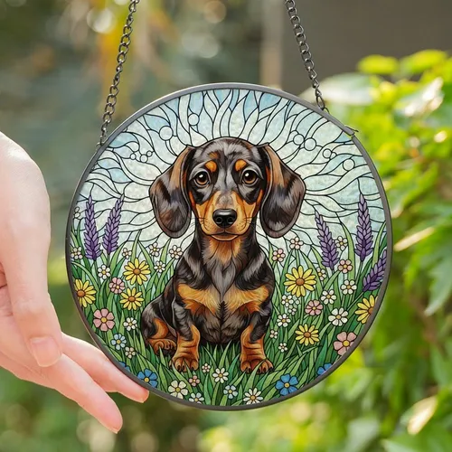 Dachshund Lovers' Dapple Dachshund Puppy Stained Glass Wildflower Field Ethereal Sky Jewel Tones Stained Glass Suncatcher