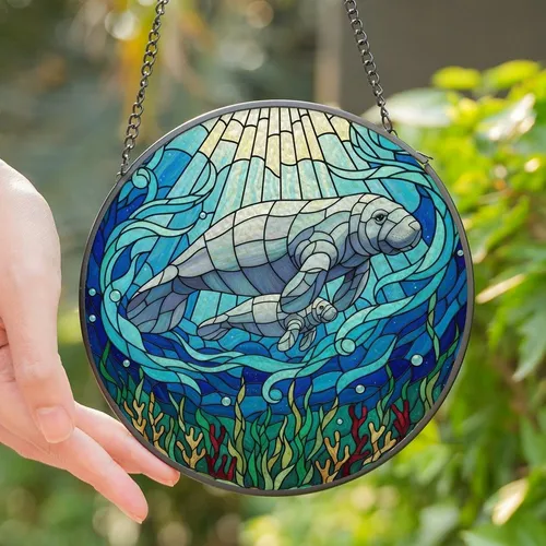Nature Lovers' Tiffany Stained Glass Manatee Family Intricate Aqua Teal Oceanic Mosaic Stained Glass Suncatcher