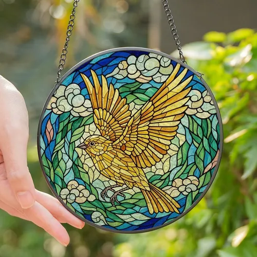 Art Lovers' Intricate Stained Glass Yellow Finch Bird Tiffany Style Golden Yellow Blue Green Mosaic Stained Glass Suncatcher