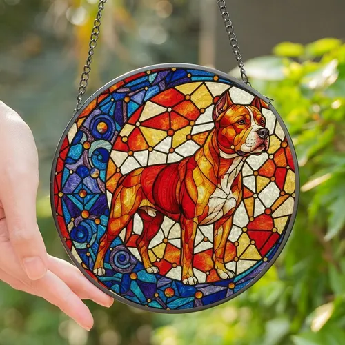 Pitbull Lovers' High Contrast Stained Glass Pitbull Crescent Moon Geometric Mosaic Jewel Art Stained Glass Suncatcher