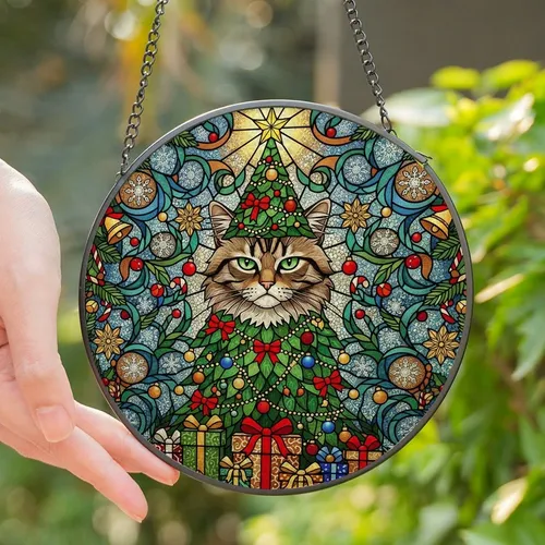 Cat Lovers' Grumpy Tabby Tiffany Stained Glass Christmas Tree Design Intricate Jewel Tone Festive Art Stained Glass Suncatcher