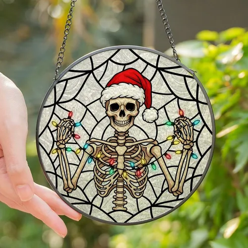 Festive Art Collectors' Grinning Skeleton Santa Hat Tiffany Stained Glass Christmas Lights Stained Glass Suncatcher