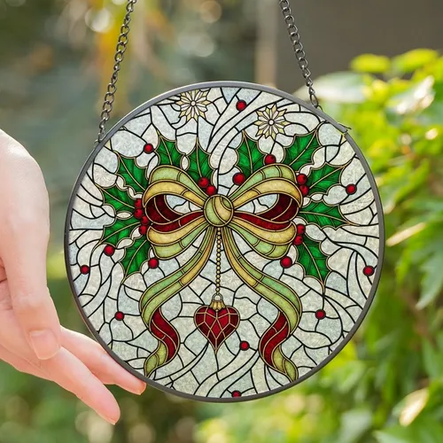 Holiday Enthusiasts' Tiffany Stained Glass Christmas Bow Ruby Emerald Holly Berry Winter Mosaic Stained Glass Suncatcher