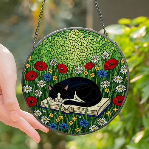 Cat Lovers' Tiffany-Inspired Stained Glass Sleeping Tuxedo Cat Vibrant Wildflowers Meadow Jewel Tones Art Stained Glass Suncatcher