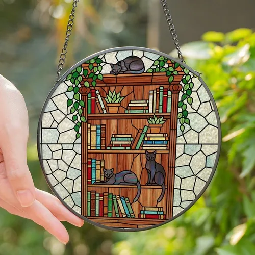 Cat & Book Lovers' Tiffany Stained Glass Bookshelf, Black Cats, Green Plants & Jewel Tone Mosaic Stained Glass Suncatcher