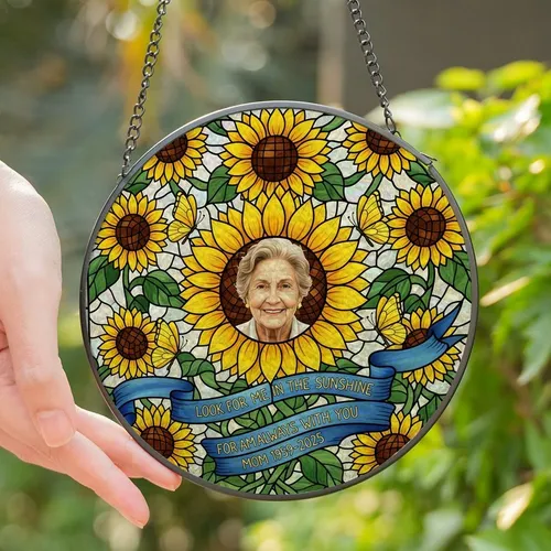 Art Lovers' Tiffany Stained Glass Smiling Portrait, Sunflower Mosaic, Butterflies & Blue Ribbon Design Stained Glass Suncatcher