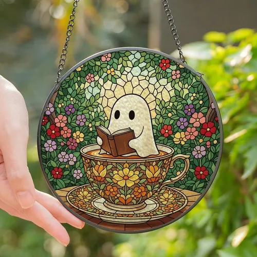 Whimsical Art Lovers' Intricate Tiffany Stained Glass Ghost Reading in Teacup, Floral Botanical Garden Mosaic, Jewel Tones Stained Glass Suncatcher