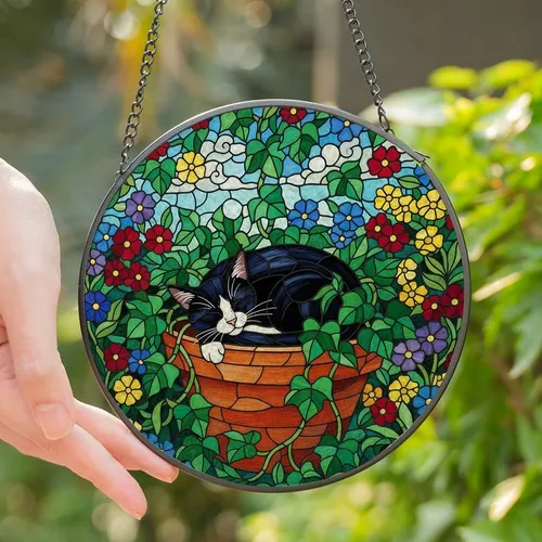 Cat Lovers' Tiffany Stained Glass Sleeping Tuxedo Cat Potted Plant Vibrant Garden Jewel Tones Stained Glass Suncatcher