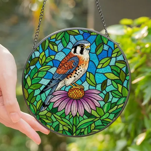 Wildlife Admirers' Tiffany Style Jewel Tone Kestrel Coneflower Botanical Mosaic Stained Glass Suncatcher