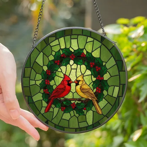 Nature Lovers' Tiffany Stained Glass Cardinal Pair Holly Wreath Ruby Golden Yellow Forest Green Mosaic Stained Glass Suncatcher