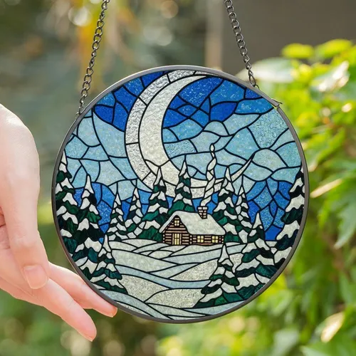Winter Enthusiasts' Intricate Stained Glass Winter Cabin Snowy Pines Blue Iridescent Jewel Tones Stained Glass Suncatcher