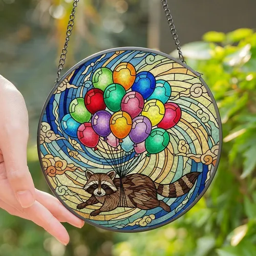 Whimsical Art Lovers' Intricate Tiffany Stained Glass Raccoon Floating Balloons Vibrant Jewel Tone Sky Mosaic Stained Glass Suncatcher