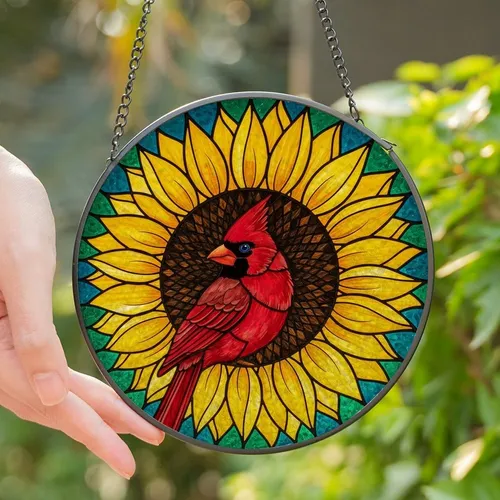 Art & Nature Lovers' Vibrant Red Cardinal Yellow Sunflower Tiffany Stained Glass Jewel Tone Mosaic Stained Glass Suncatcher