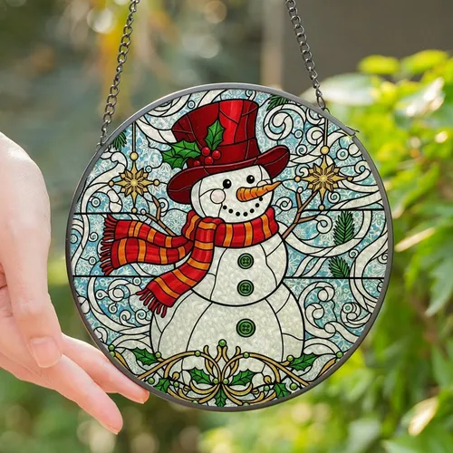 Festive Celebrators' Intricate Stained Glass Snowman, Jewel Tone Mosaic, Holly, Golden Starflakes & Scrollwork Stained Glass Suncatcher