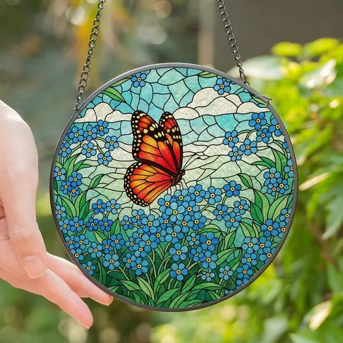 Nature Lovers' Tiffany Stained Glass Monarch Butterfly Red Orange Wings Blue Flowers Intricate Jewel Tone Mosaic Stained Glass Suncatcher