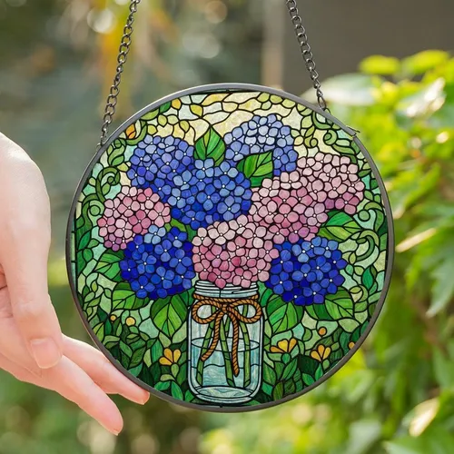 Art Lovers' Tiffany Style Stained Glass Hydrangea Garden Jewel Tone Mosaic Pattern Stained Glass Suncatcher