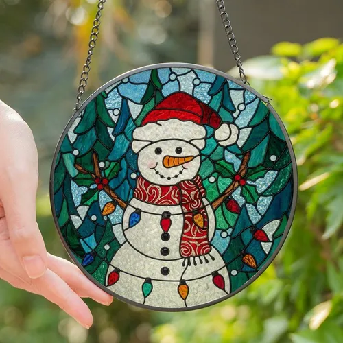 Holiday Celebrants' Tiffany Stained Glass Jolly Snowman Ruby Red Emerald Green Winter Wonderland Mosaic Pattern Stained Glass Suncatcher