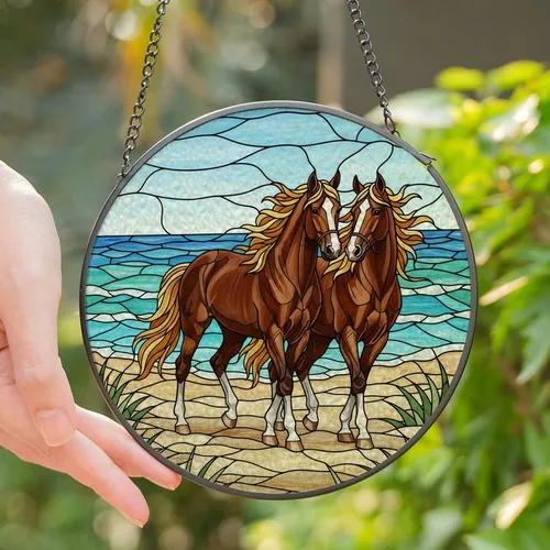Horse Lovers' Tiffany Stained Glass Brown Horses Beach Ocean Jewel Tones Art Stained Glass Suncatcher