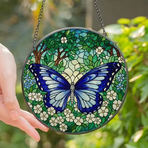 Art Lovers' Tiffany Stained Glass Butterfly Blossom Garden Intricate Blue Emerald Mosaic Stained Glass Suncatcher