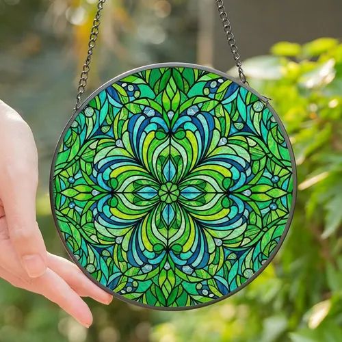 Stained Glass Enthusiasts' Glowing Emerald Teal Aqua Four-Leaf Clover Mosaic Jewel Design Stained Glass Suncatcher