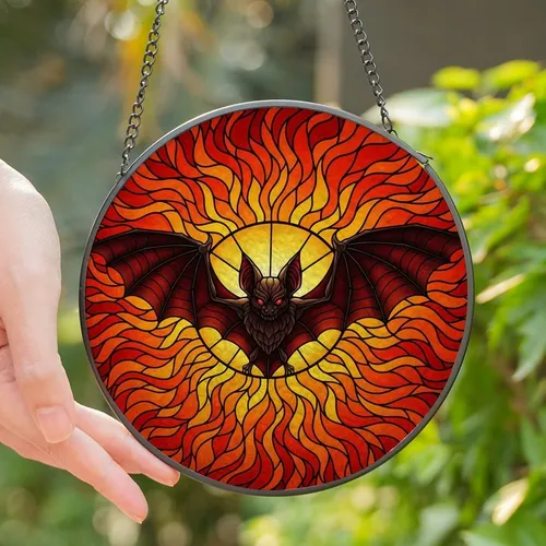 Gothic Fantasy Enthusiasts' Intricate Stained Glass Menacing Bat Fiery Orange Red Design Stained Glass Suncatcher