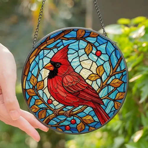 Bird Enthusiasts' Edge-to-Edge Stained Glass Red Cardinal & Berries, Amber Leaves, Blue Sky Mosaic Stained Glass Suncatcher