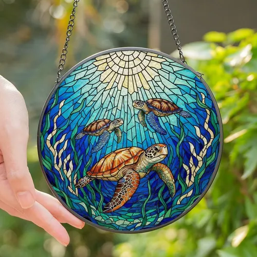 Ocean Art Lovers' Vibrant Intricate Tiffany Stained Glass Sea Turtles Coral Ocean Mosaic Jewel Tones Stained Glass Suncatcher