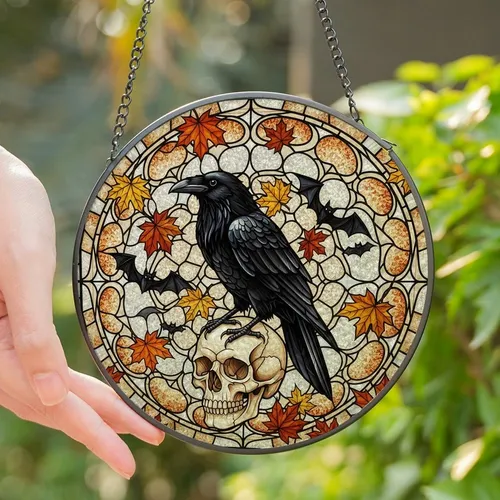 Autumn Aesthetic Lovers' Intricate Tiffany Glass Raven Skull Autumn Leaves Bat Mosaic Black Orange Red Clear Gray Stained Glass Suncatcher
